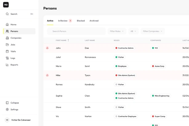 9ID Persons dashboard listing people with roles, companies, last activity, and compliance status indicators including audit warnings
