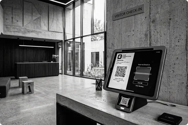 Visitor check-in kiosk with 9ID to reduce reception labor costs