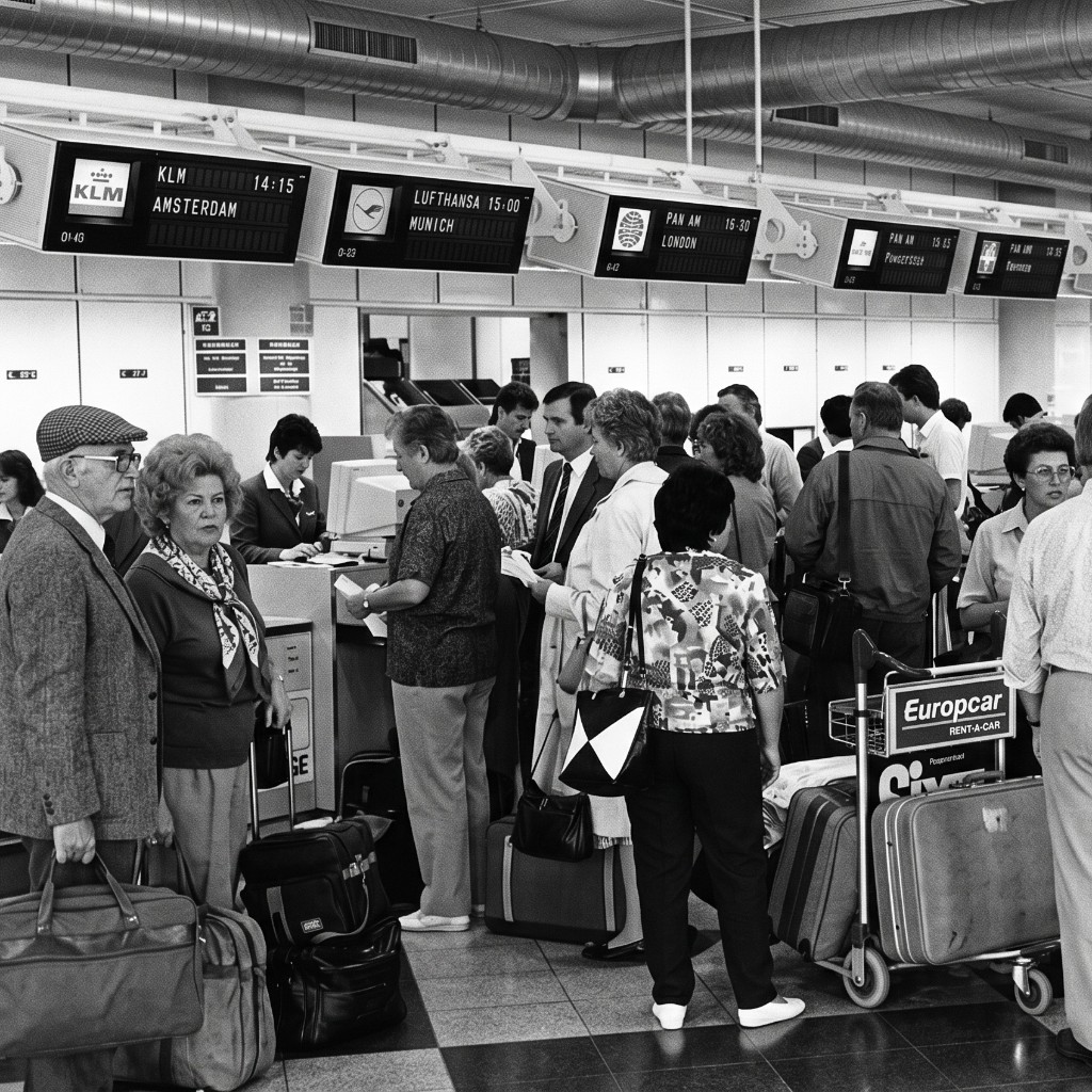 Busy vintage airline check-in counters with passengers and staff.