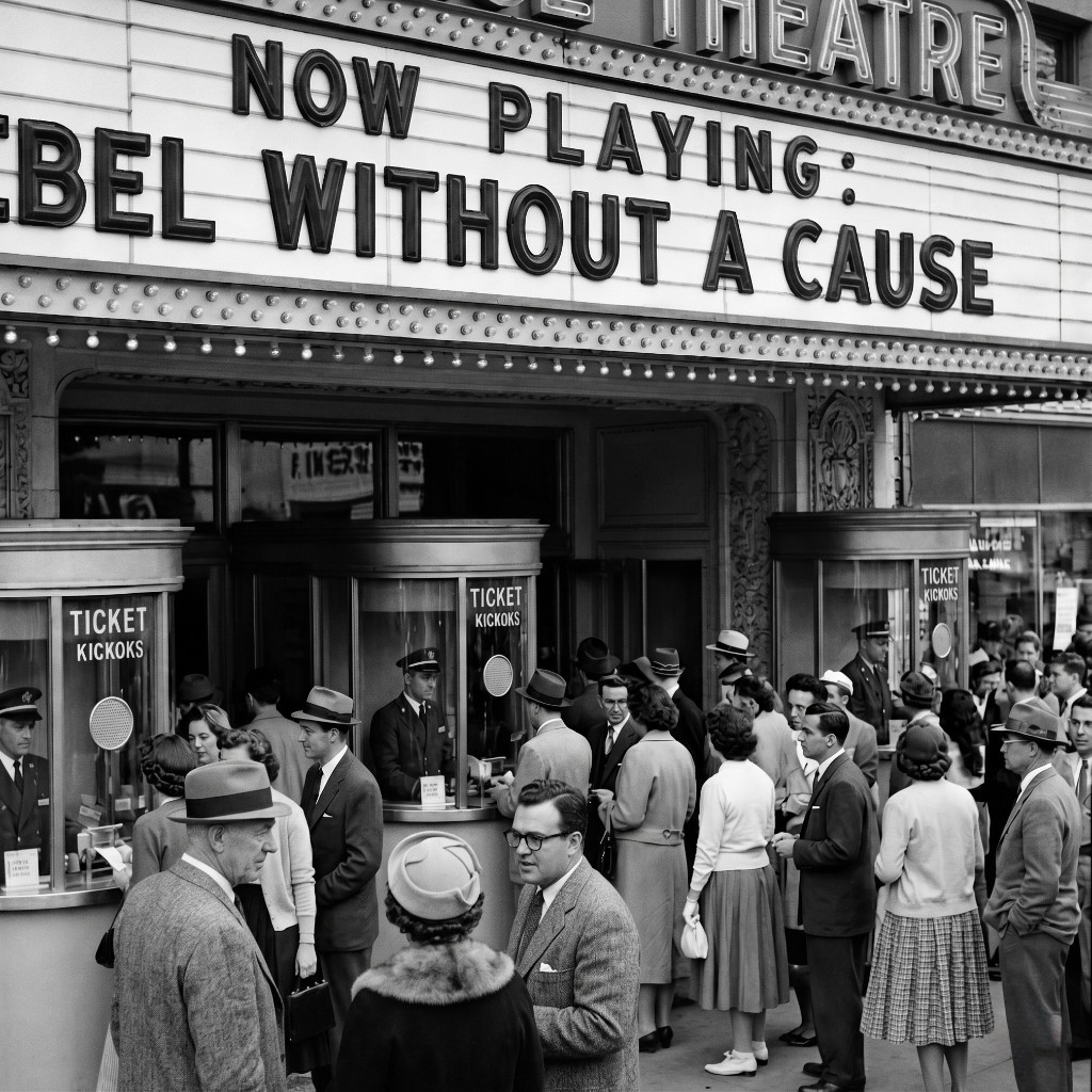 Vintage cinema entrance with manual ticket booths and a marquee.