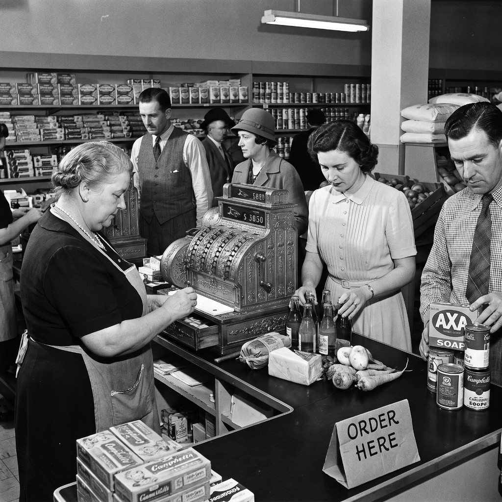 Traditional grocery checkout with cashier lanes and customers at the counter.
