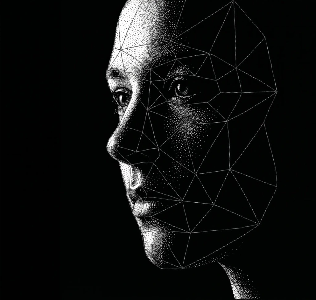 Stylized black-and-white portrait with a stippled face and polygon mesh overlay, evoking facial recognition and high-grade digital security.